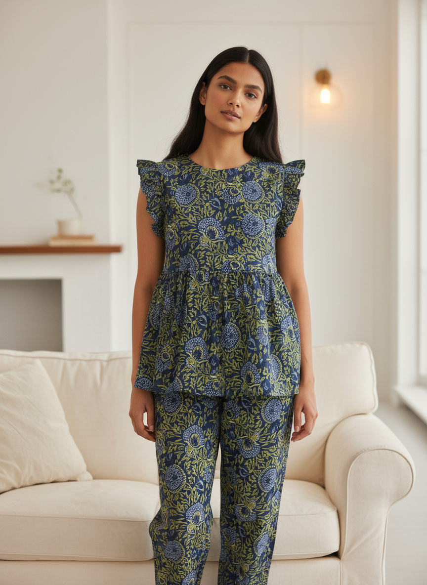 Green Round Neck Floral Print Pure Cotton Night Suit Set For Women