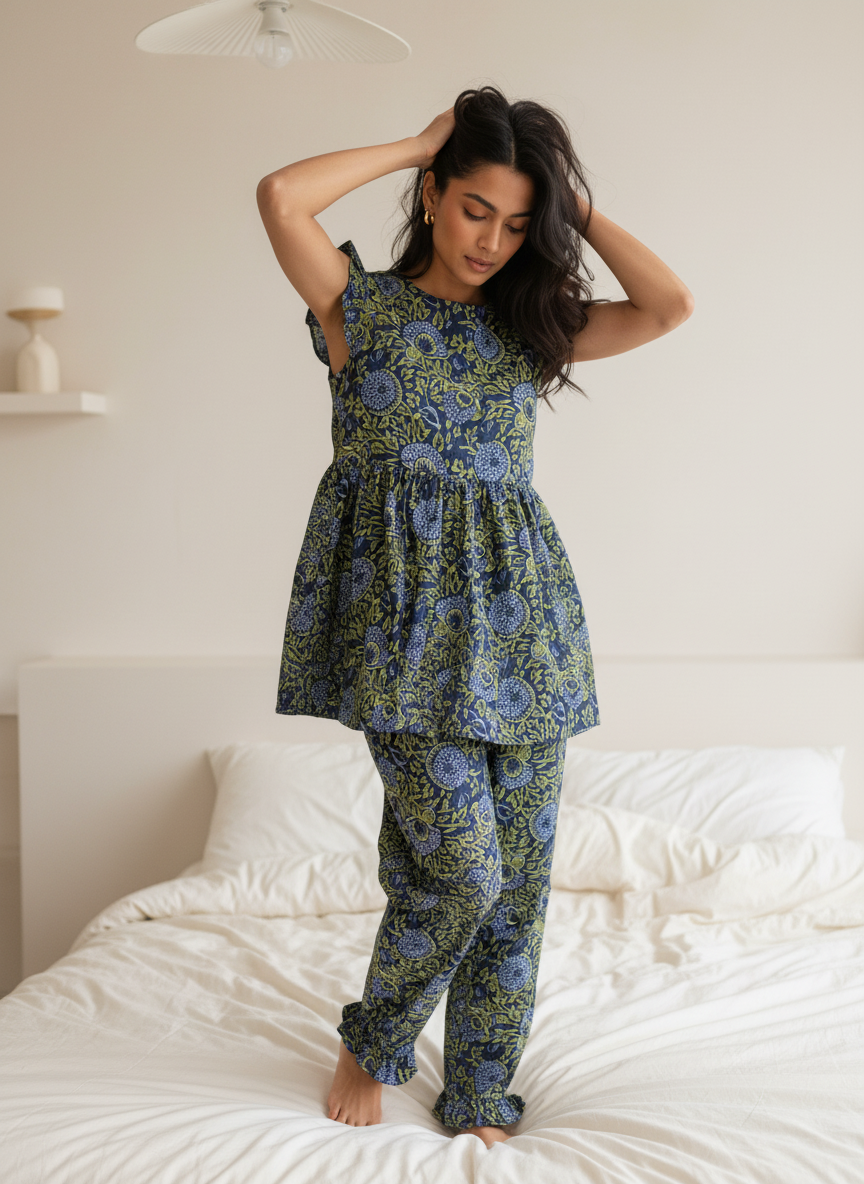 Green Round Neck Floral Print Pure Cotton Night Suit Set For Women