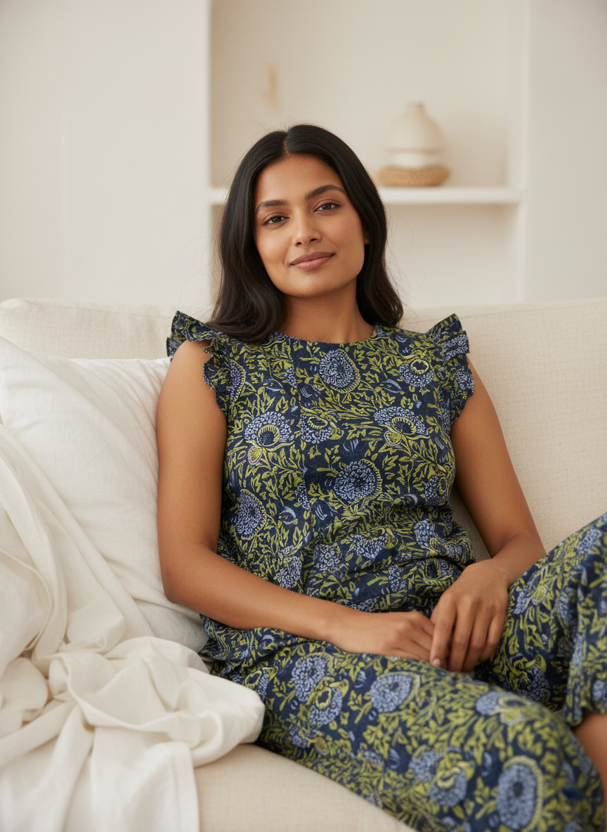 Green Round Neck Floral Print Pure Cotton Night Suit Set For Women