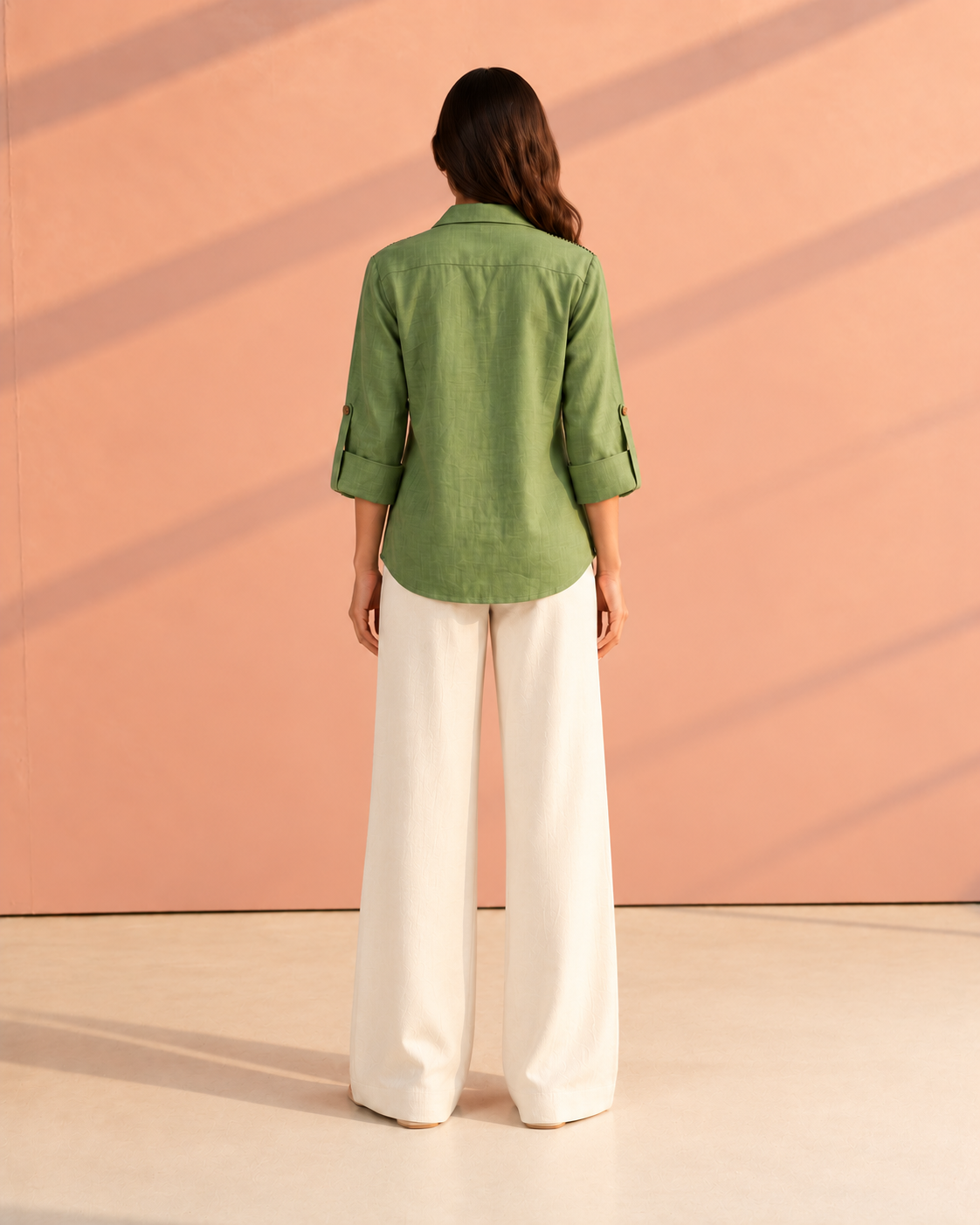 Green Solid Cuban Collar Roll-Up Sleeve Hunter Shirt For Women