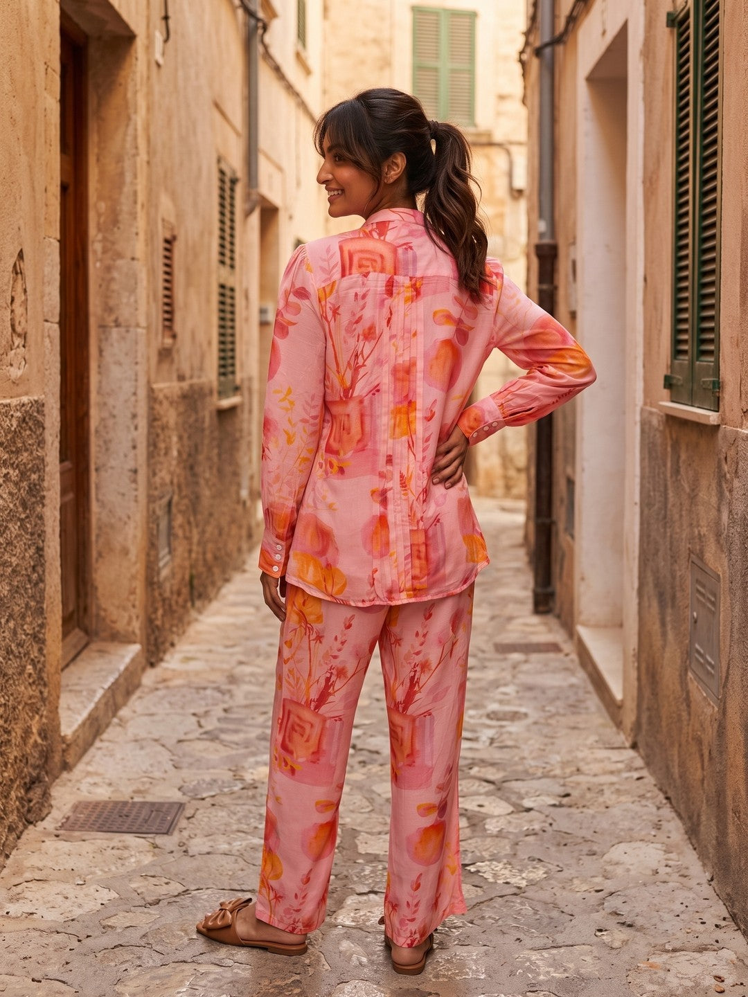 Pink Notch Neck Floral Full Sleeve Co-Ord Set For Women