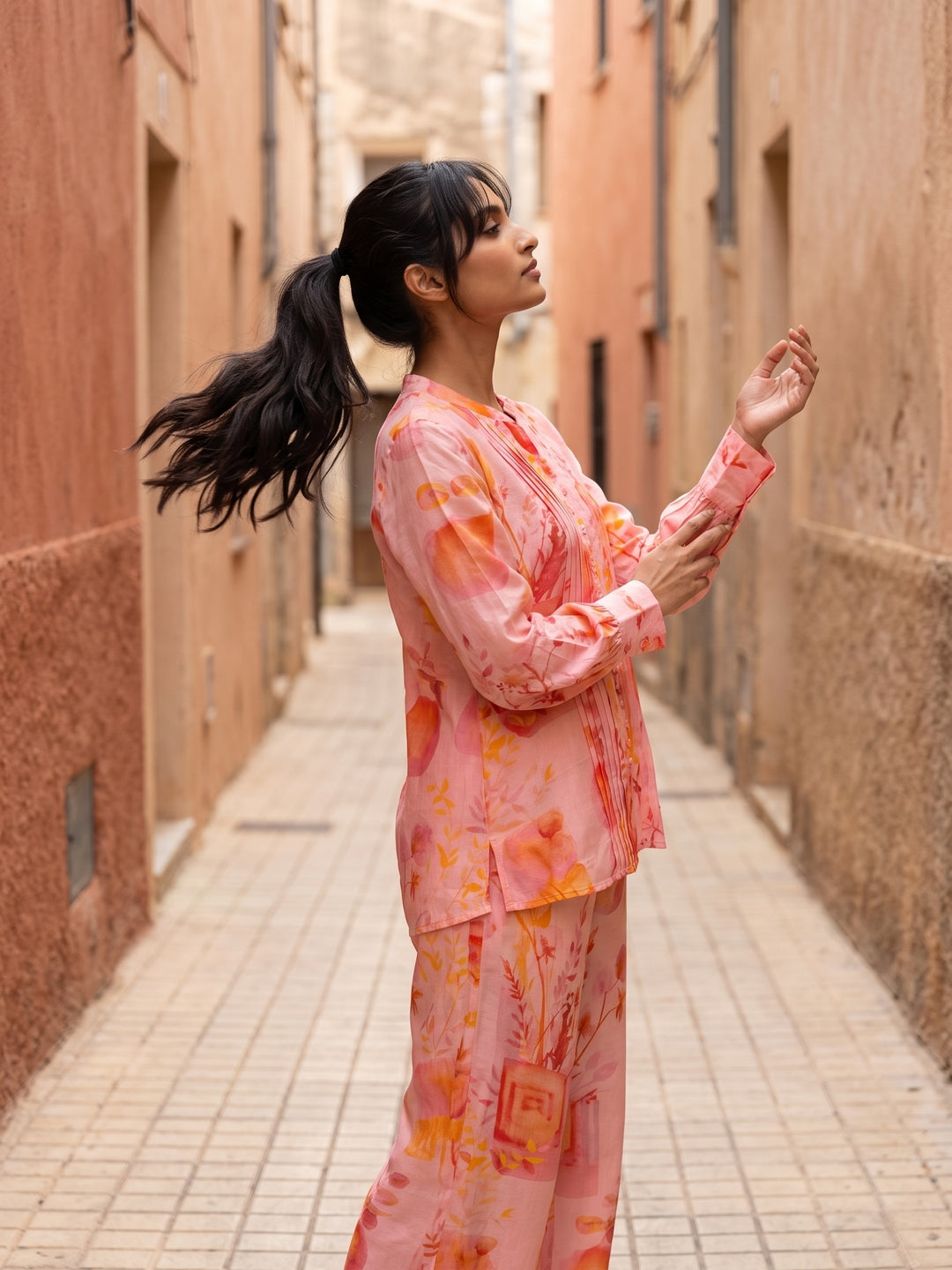 Pink Notch Neck Floral Full Sleeve Co-Ord Set For Women