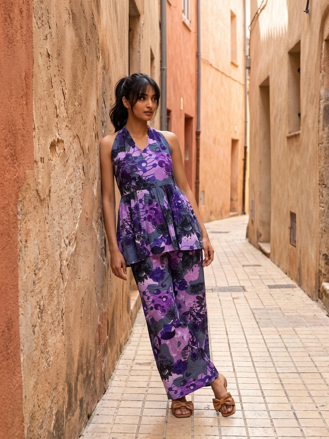 Purple Halter Neck Abstract Pure Cotton Co-Ord Set For Women
