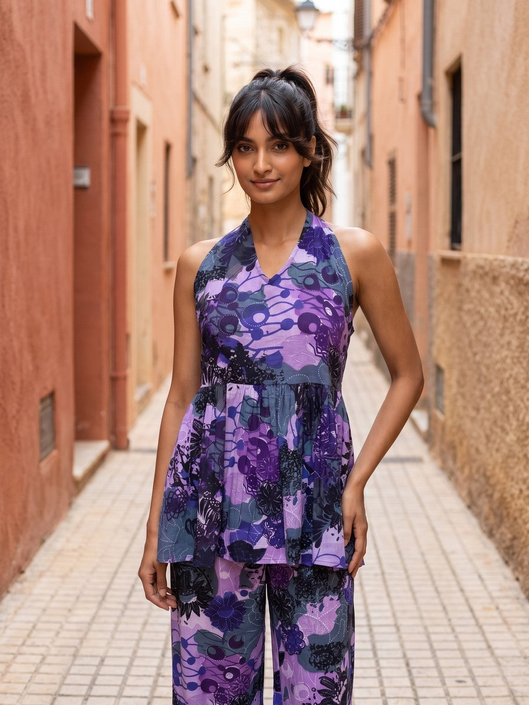 Purple Halter Neck Abstract Pure Cotton Co-Ord Set For Women