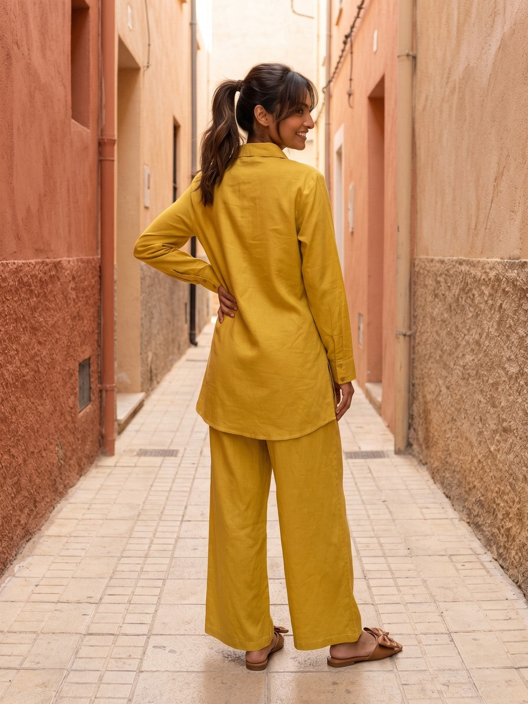 Mustard Shirt Collar Solid Pure Cotton Co-Ord Set With Lace Detail For Women