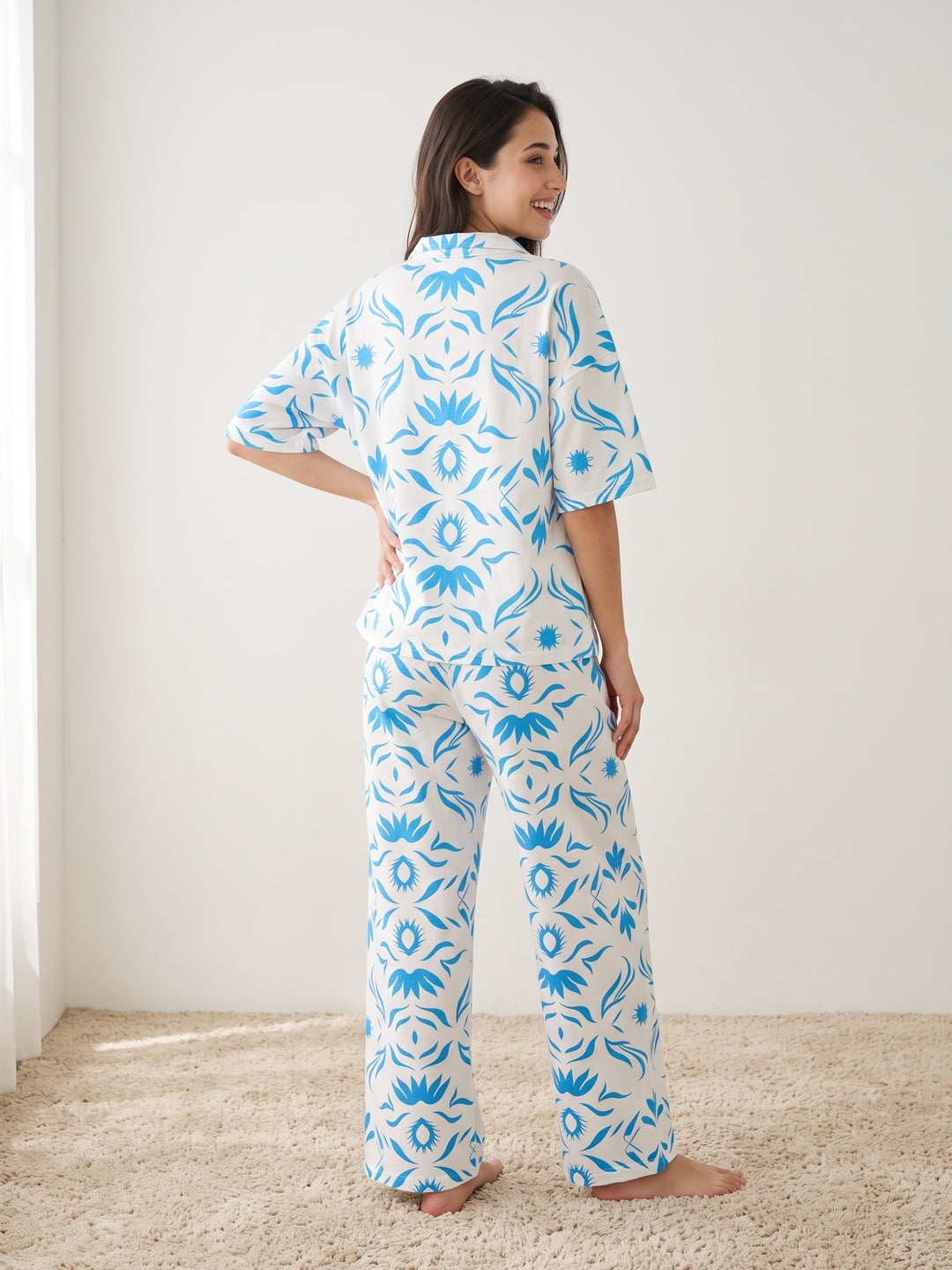 White Abstract Shirt Collar Lycra Night Suit Set For Women