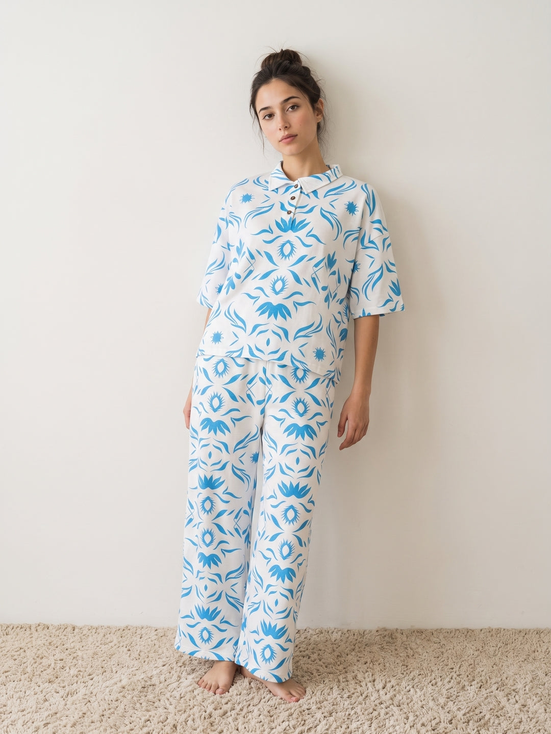 White Abstract Shirt Collar Lycra Night Suit Set For Women