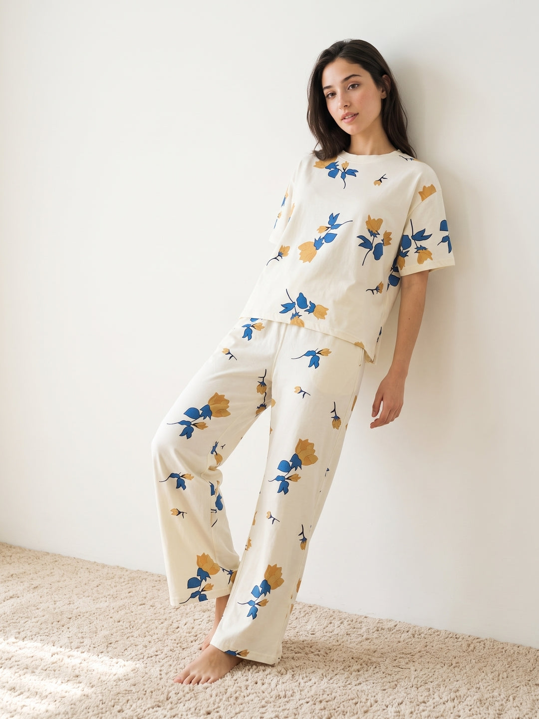 White Floral Round Neck Lycra Night Suit Set For Women