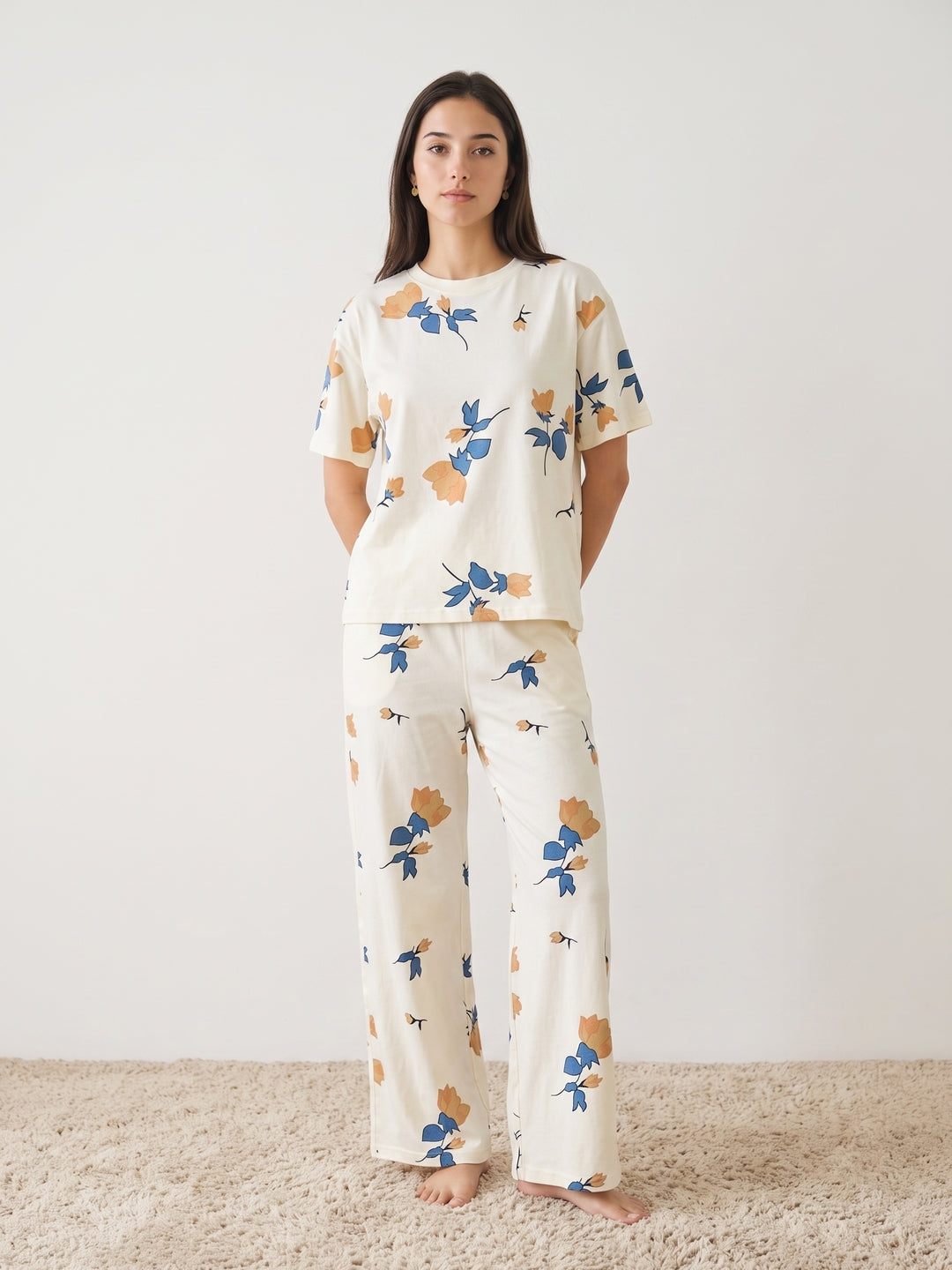 White Floral Round Neck Lycra Night Suit Set For Women