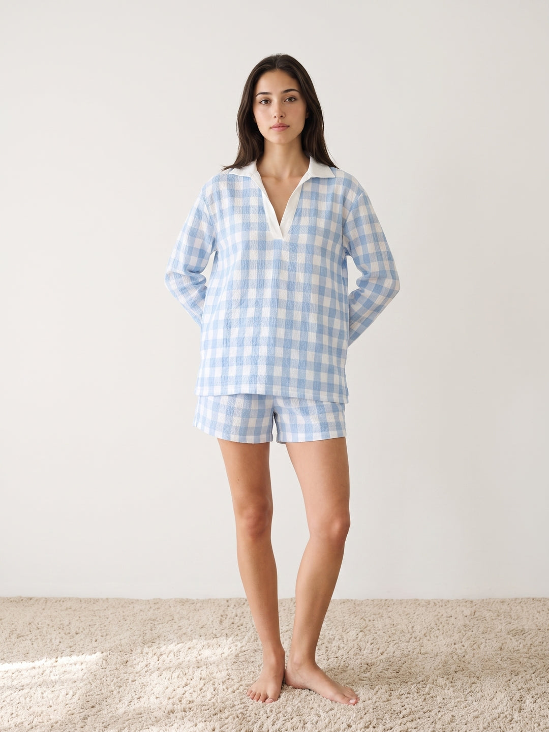 Blue Shirt Collar Checks Pure Cotton Shorts Set For Women