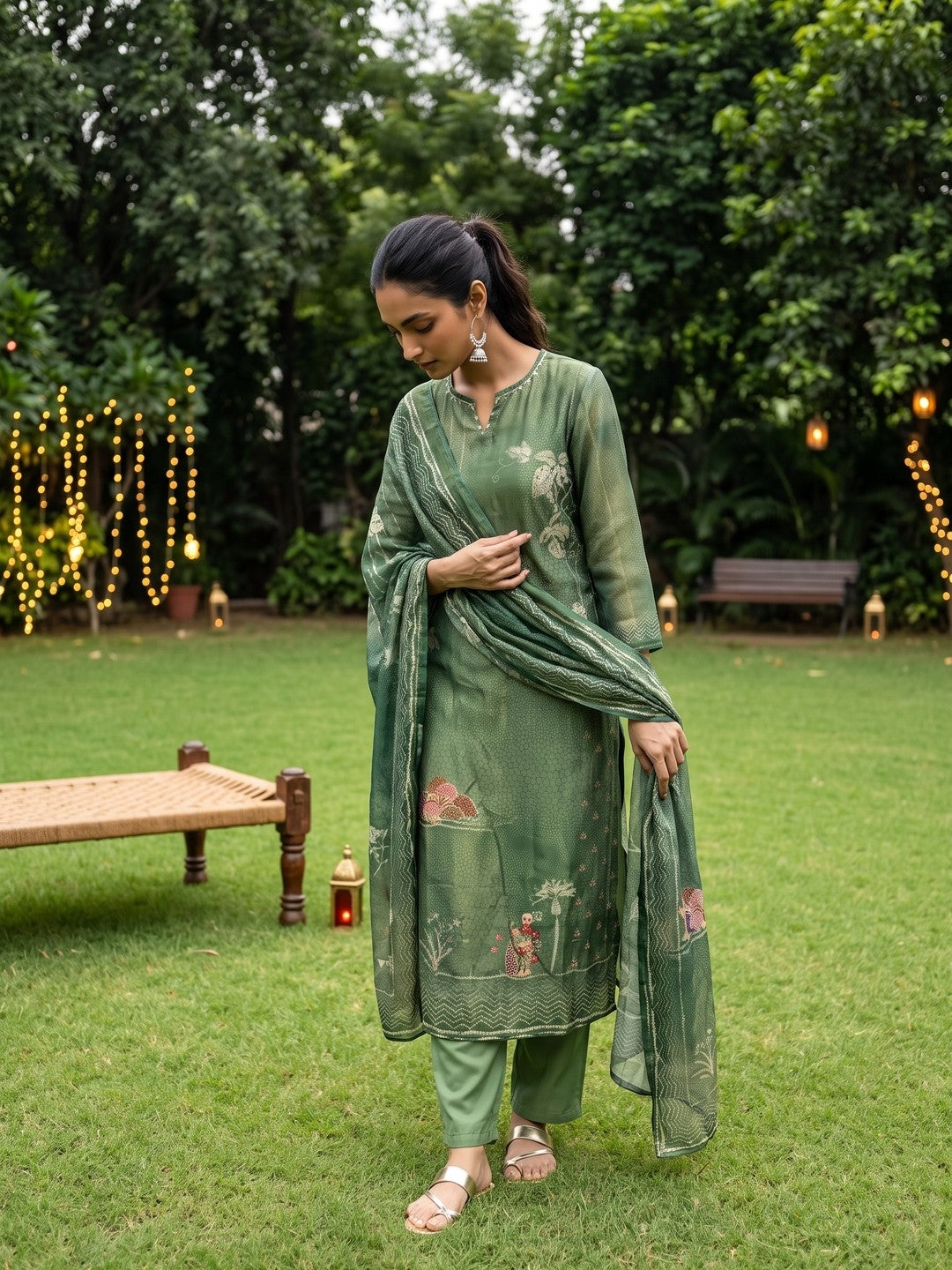 Green Round Neck Floral Kurta Set With Dupatta For Women