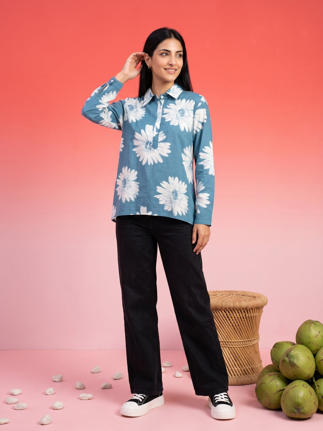 Blue & White Floral Print Shirt Collar Cotton Top For Women