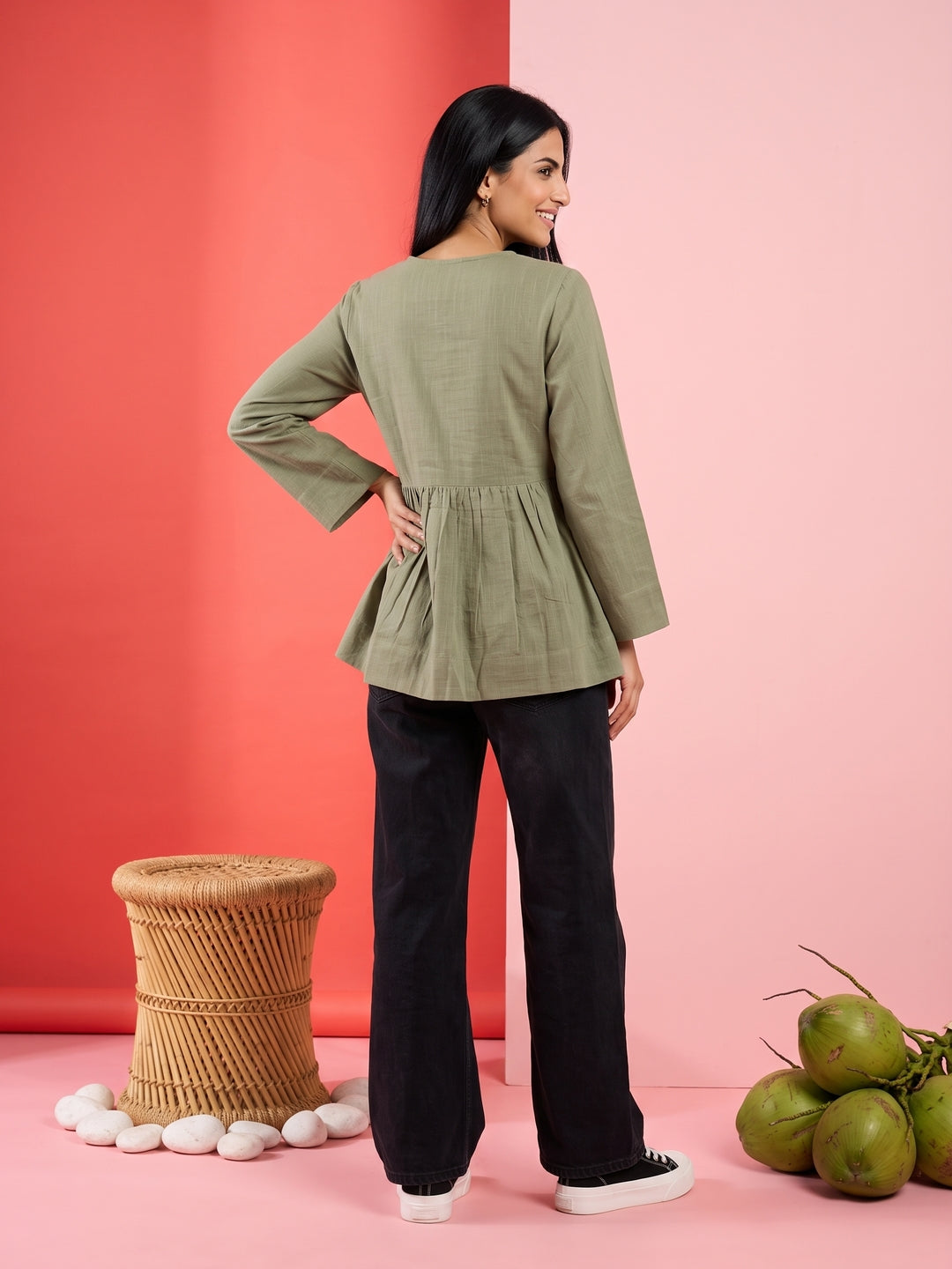 Grey Notch Neck Solid Pure Cotton Top For Women
