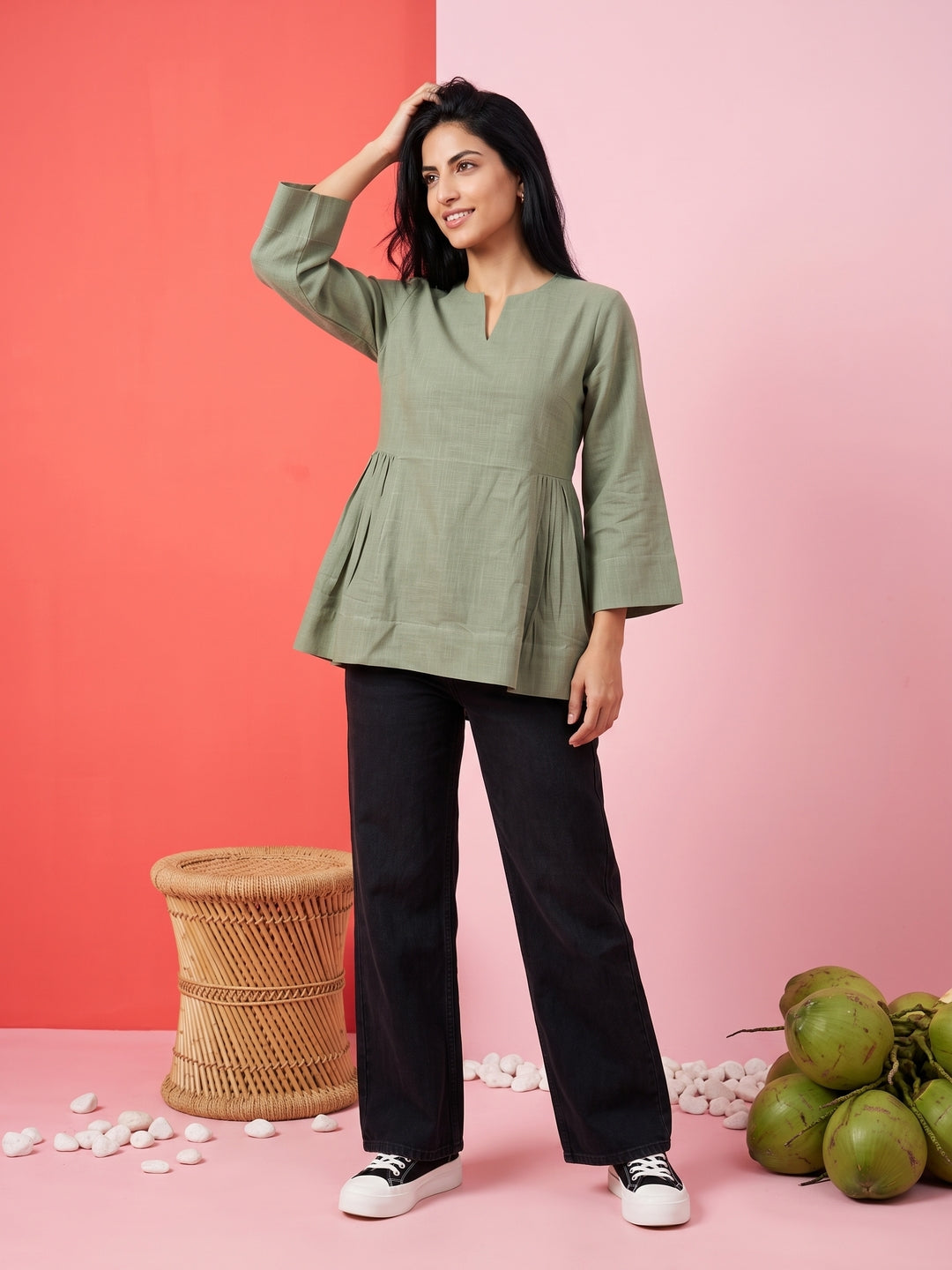 Grey Notch Neck Solid Pure Cotton Top For Women
