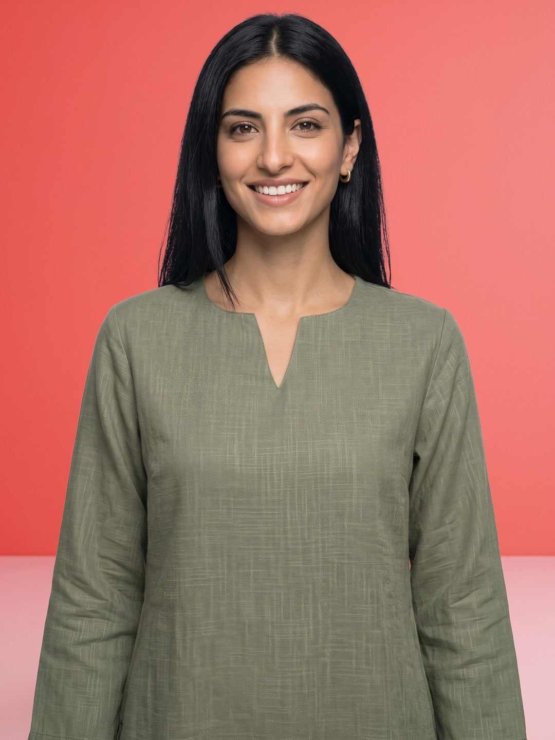 Grey Notch Neck Solid Pure Cotton Top For Women