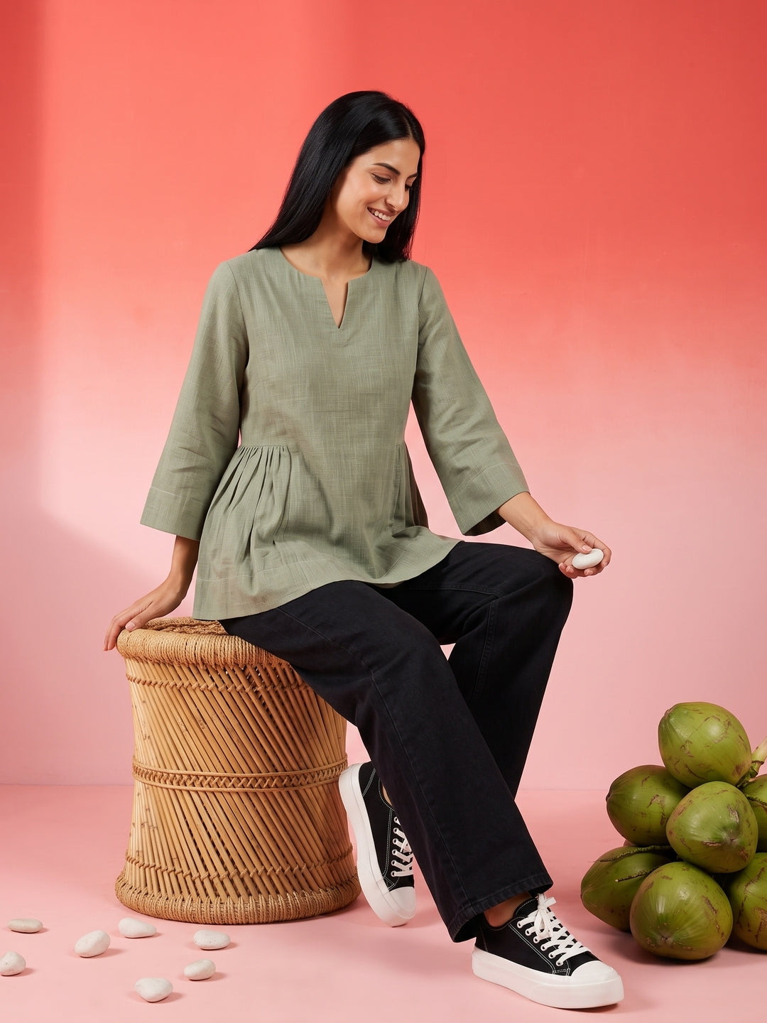 Grey Notch Neck Solid Pure Cotton Top For Women