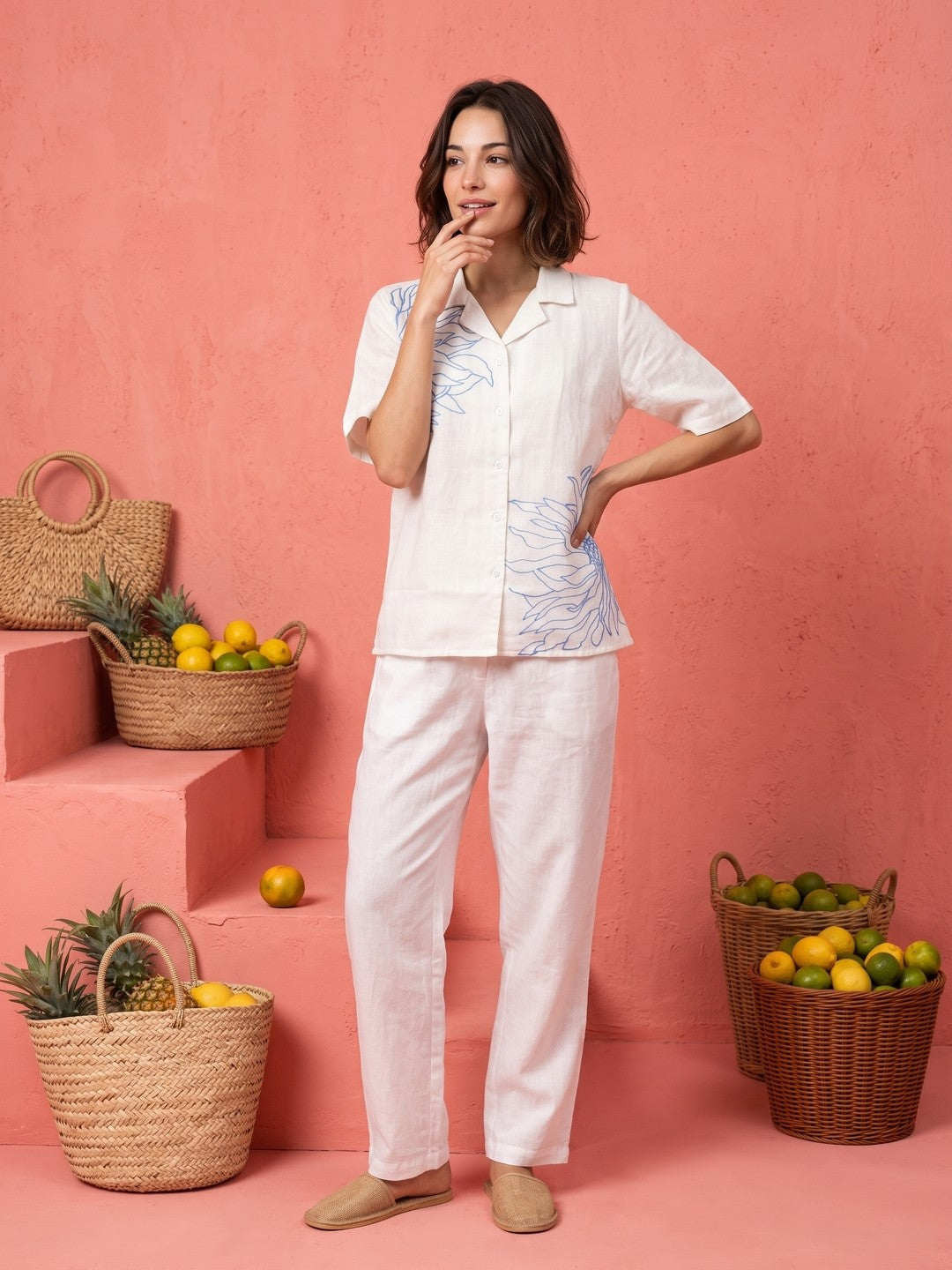 White Shirt Collar Embroidered Pure Cotton Shirt For Women