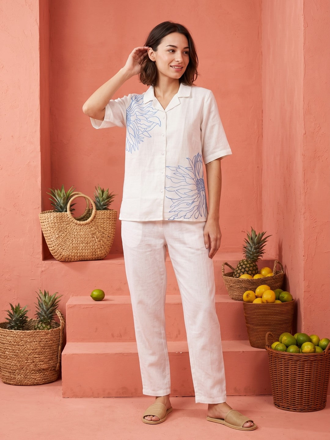 White Shirt Collar Embroidered Pure Cotton Shirt For Women