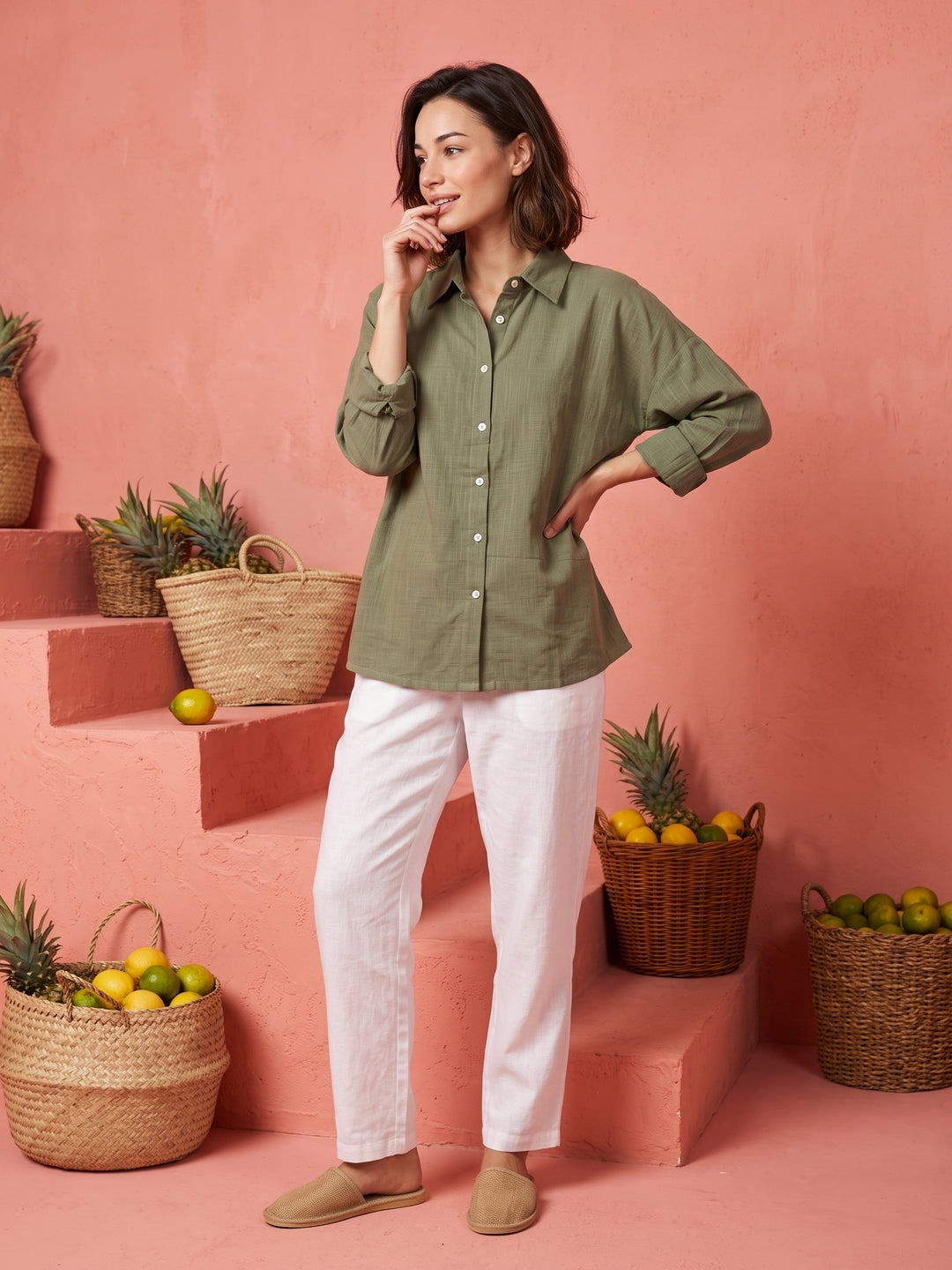 Green Solid Spread Collar Cotton Shirt For Women