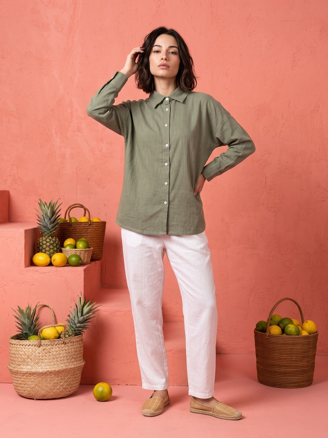 Green Solid Spread Collar Cotton Shirt For Women