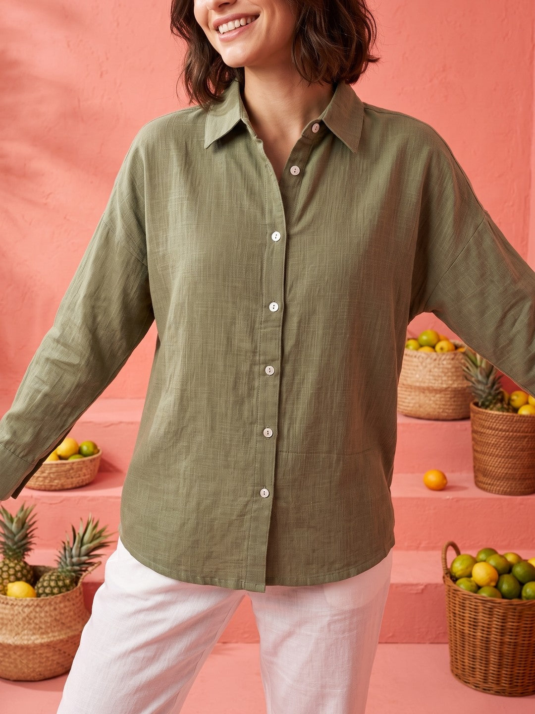 Green Solid Spread Collar Cotton Shirt For Women