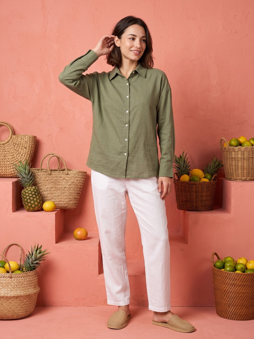 Green Solid Spread Collar Cotton Shirt For Women