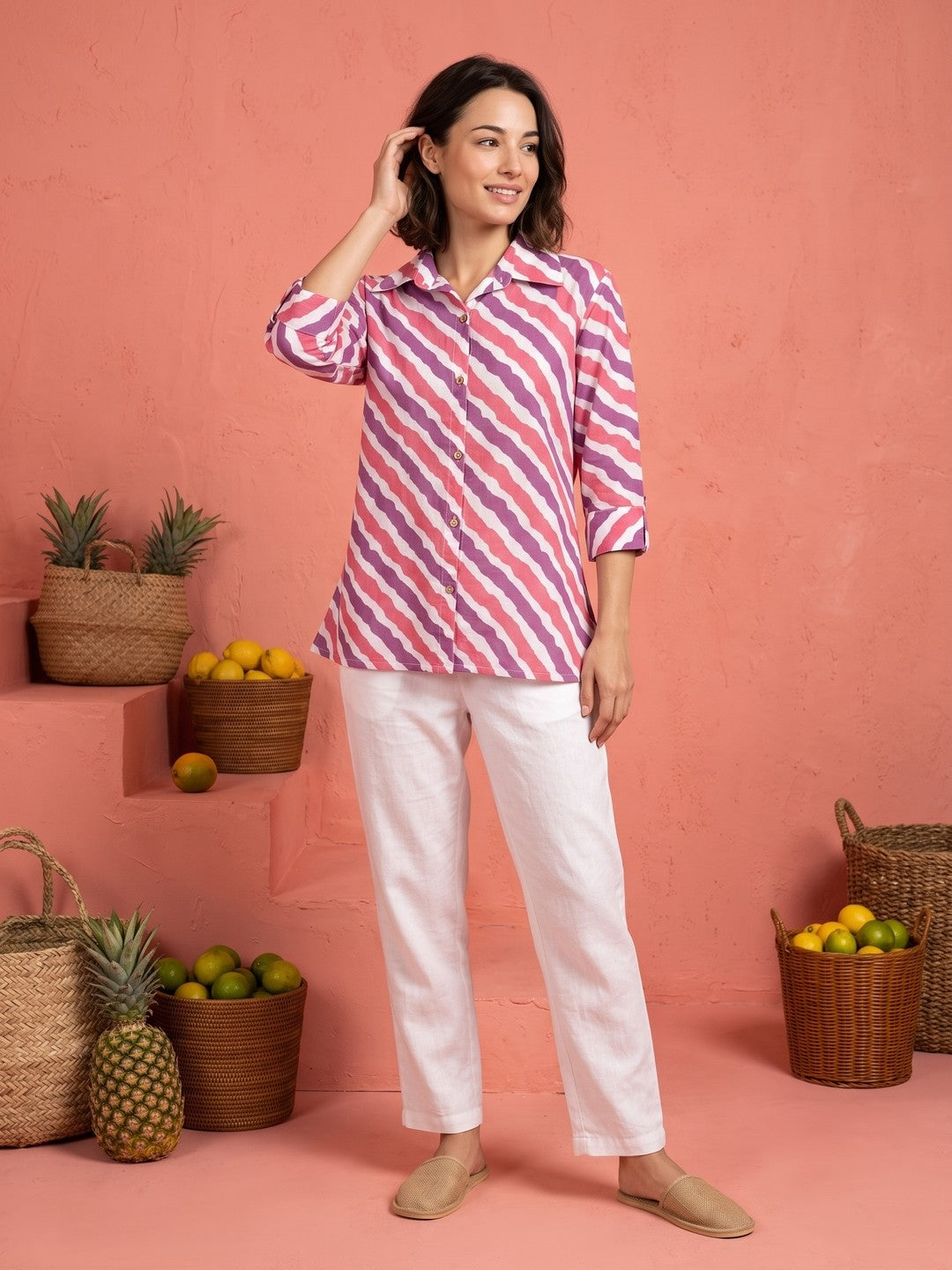 Pink Spread Collar Striped Cotton Shirt For Women
