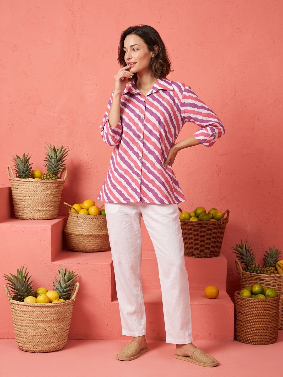 Pink Spread Collar Striped Cotton Shirt For Women