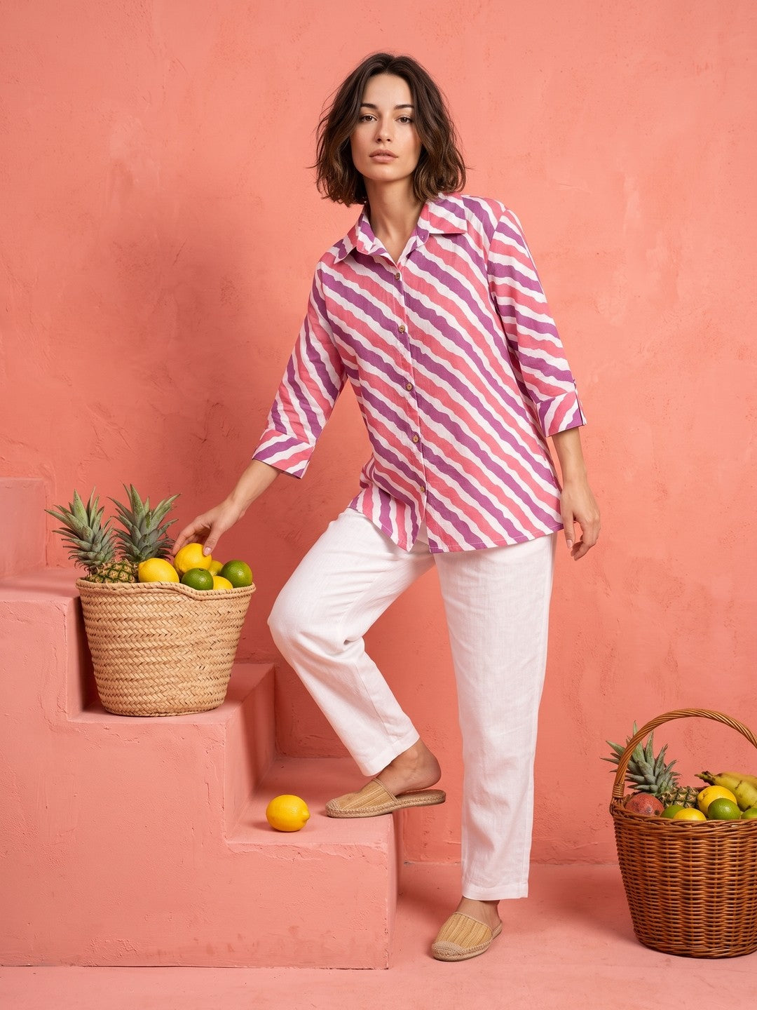Pink Spread Collar Striped Cotton Shirt For Women