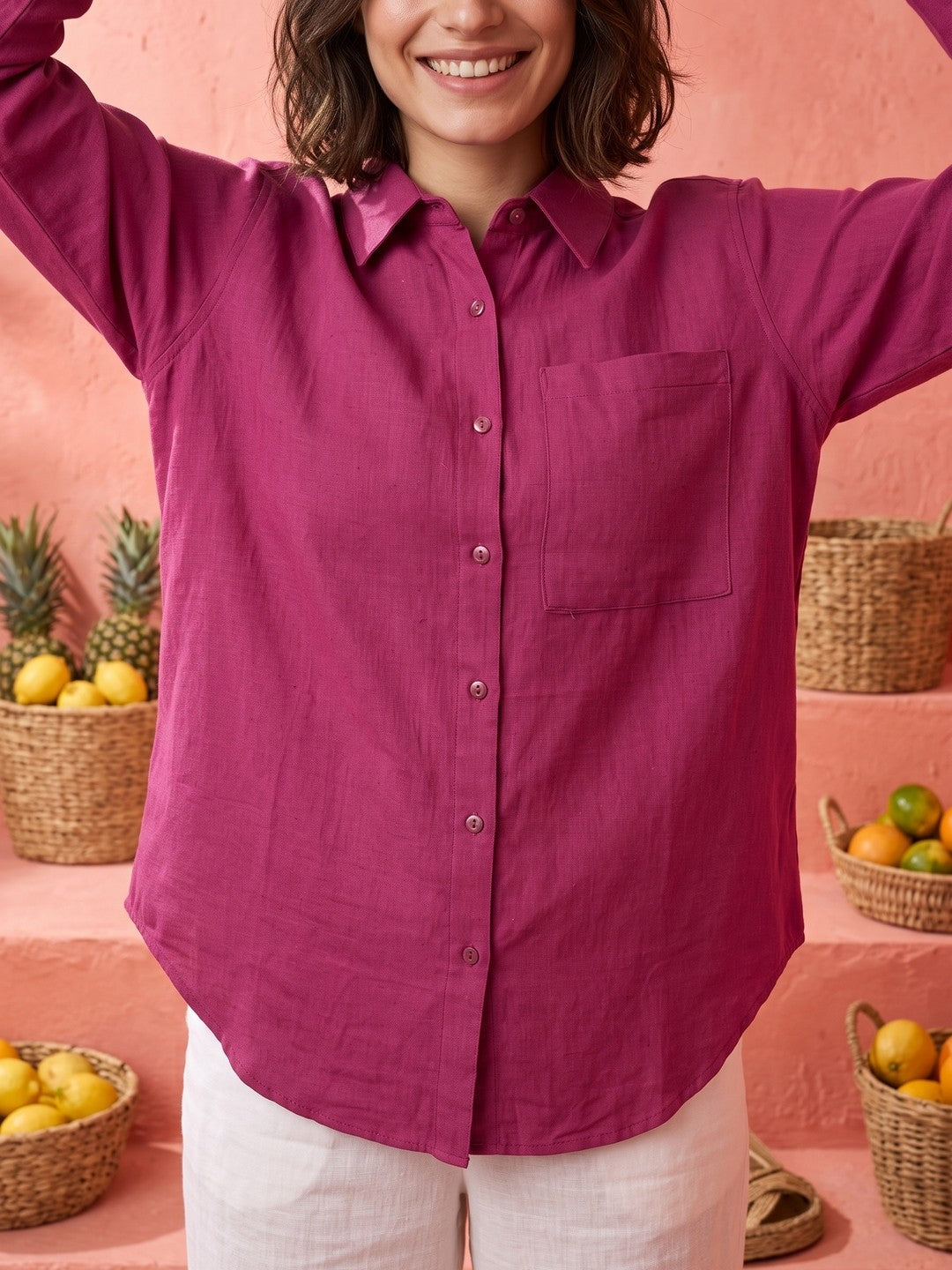Pink Solid Spread Collar Cotton Shirt For Women