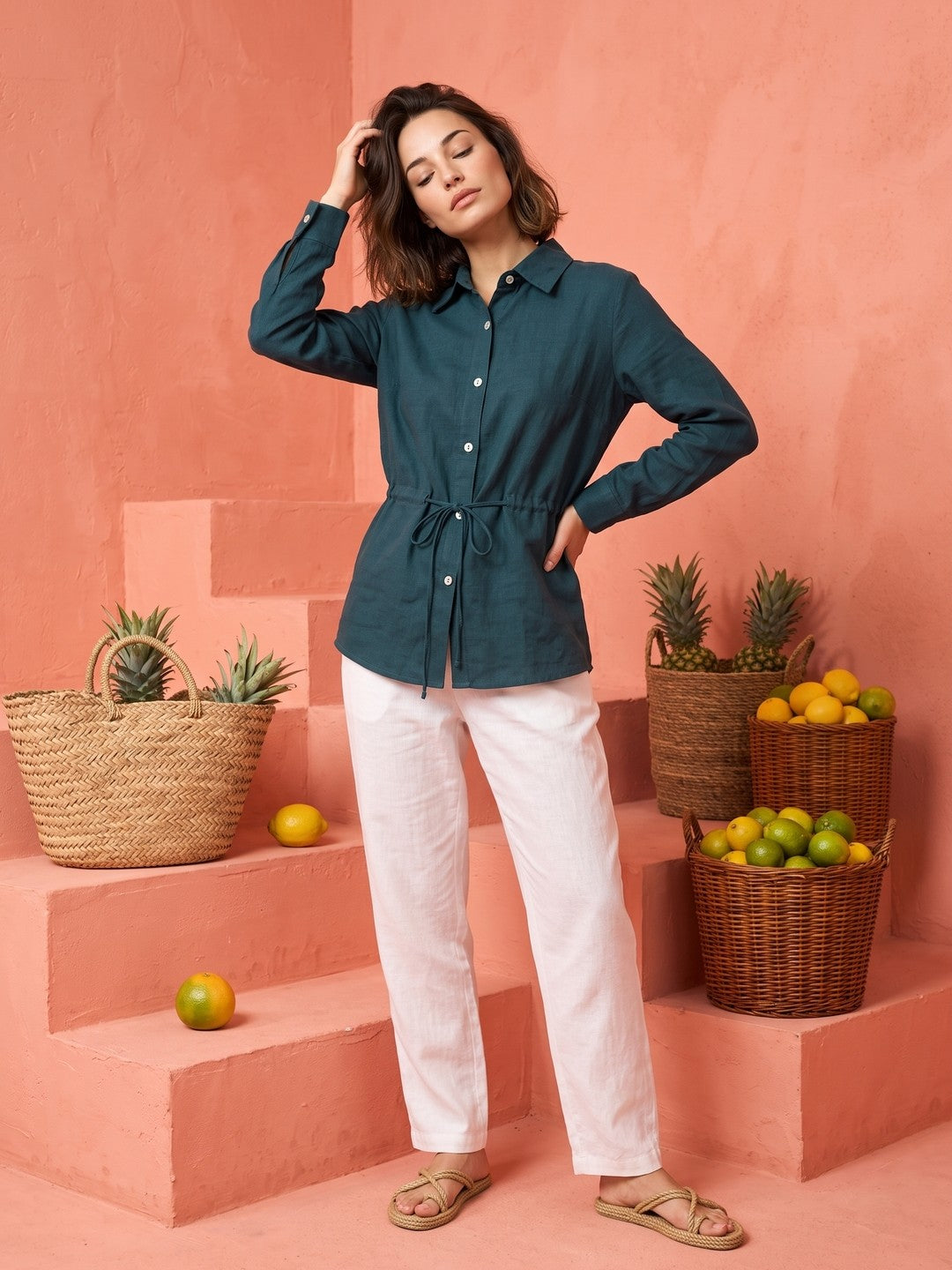 Teal Solid Spread Collar Cotton Shirt For Women