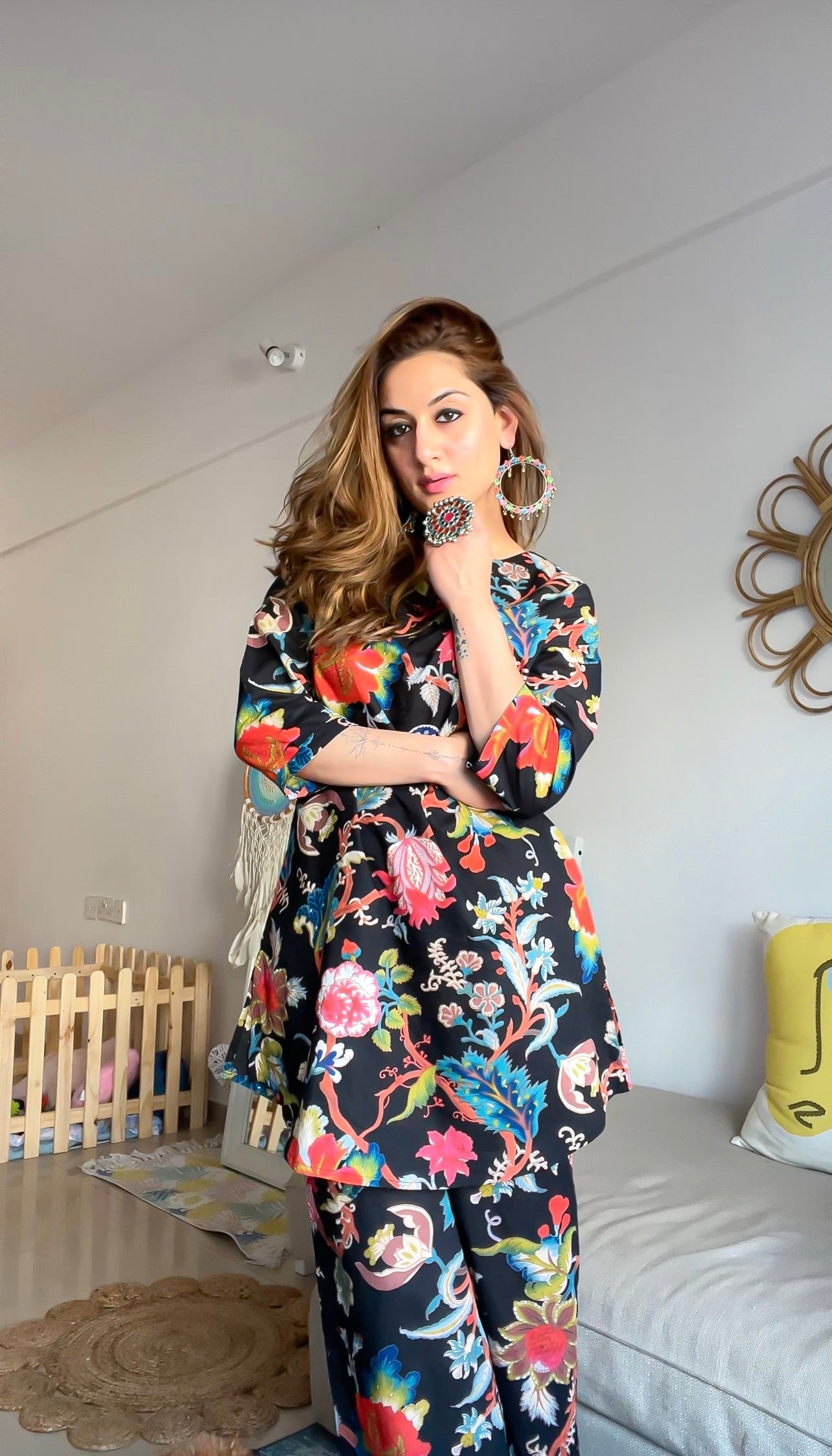 Black floral print loungewear set