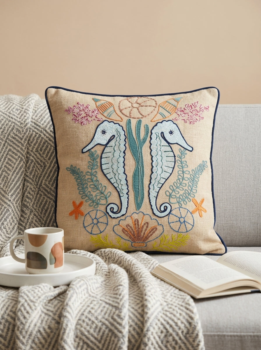 Beige Cotton Square Embroidered Cushion Cover With Seahorse Motif