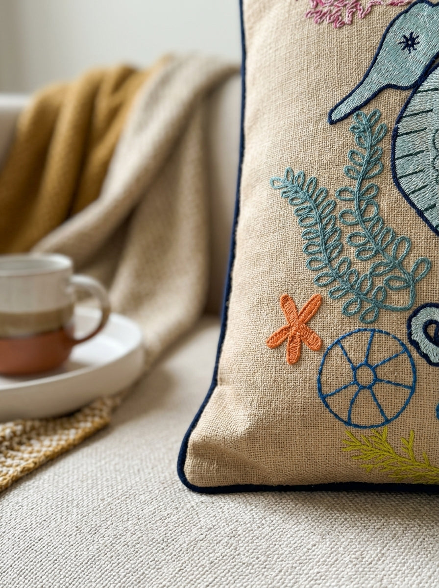 Beige Cotton Square Embroidered Cushion Cover With Seahorse Motif