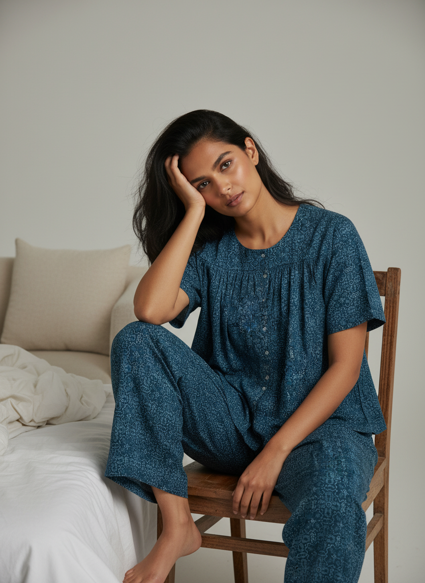 Blue Printed Round Neck Cotton Night Suit Set for Women