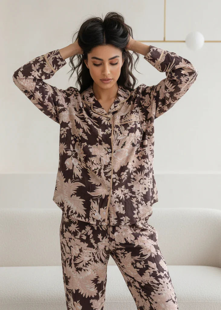 Brown Floral Print Shirt Collar Cotton Night Suit Set for Women - SanskrutiHomes