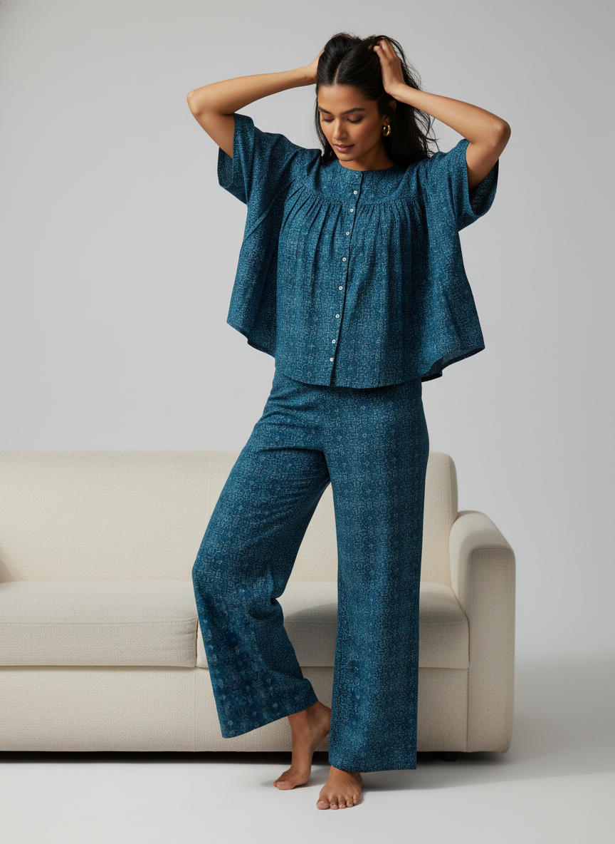 Blue Printed Round Neck Cotton Night Suit Set for Women