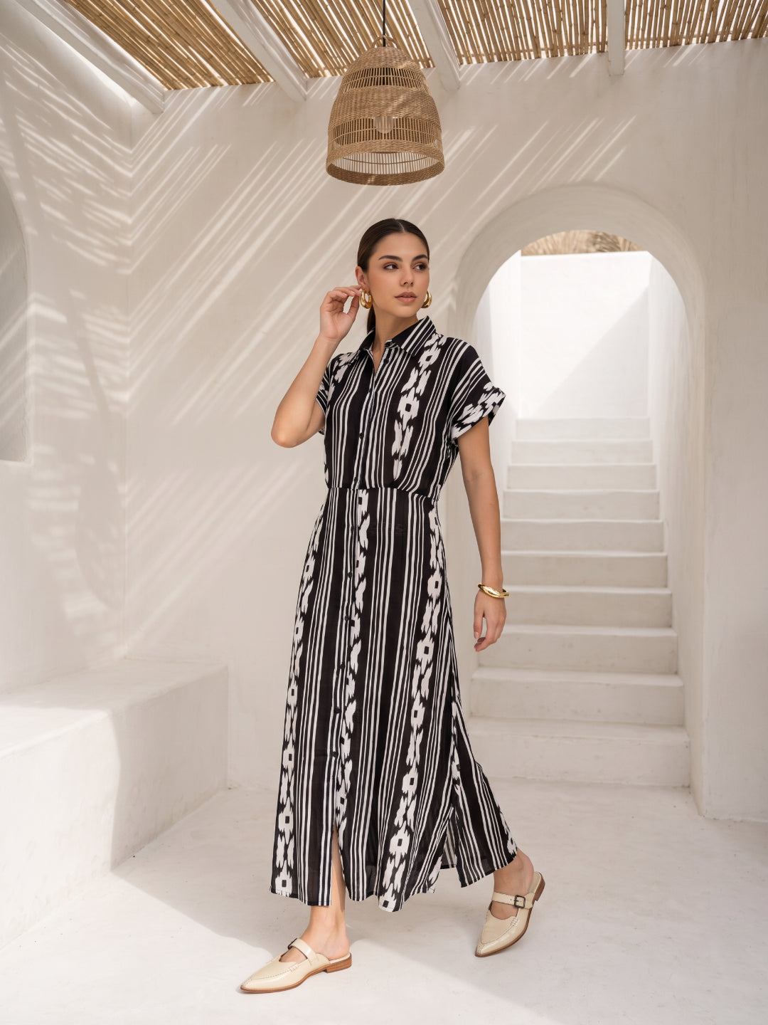 Black Shirt Collar Geometric Stripes Print Cotton Maxi Dress For Women