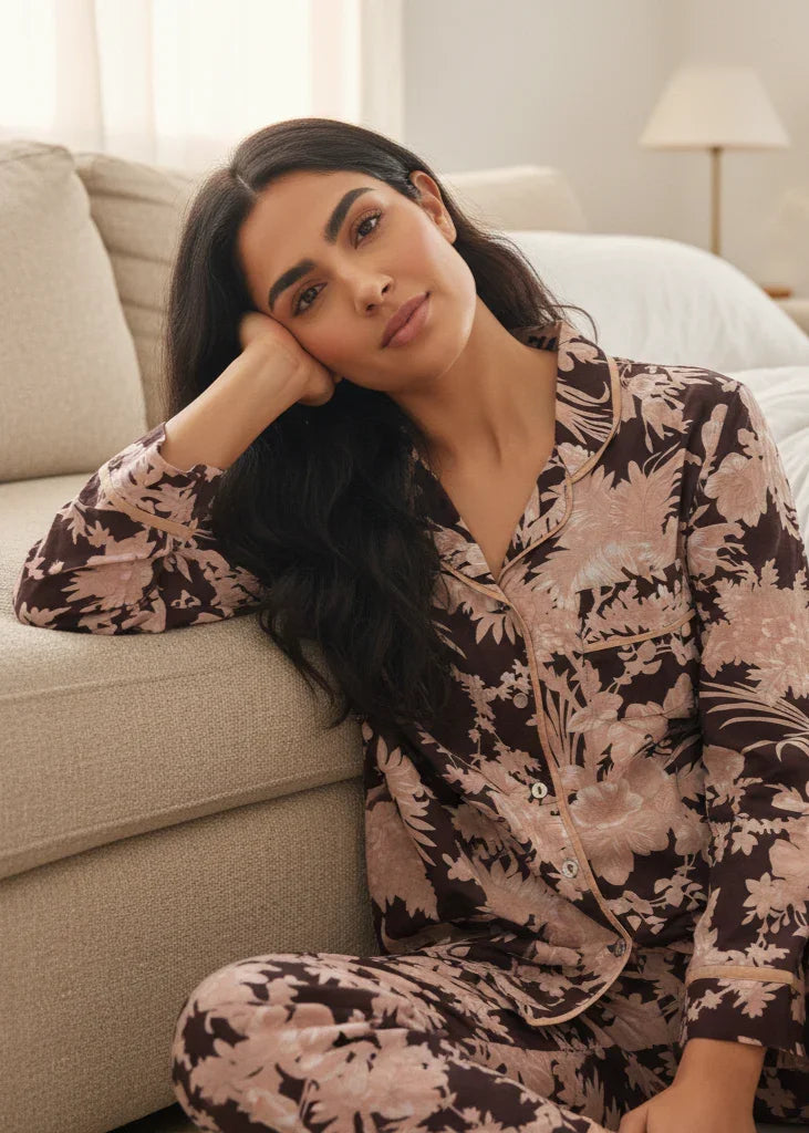 Brown Floral Print Shirt Collar Cotton Night Suit Set for Women - SanskrutiHomes