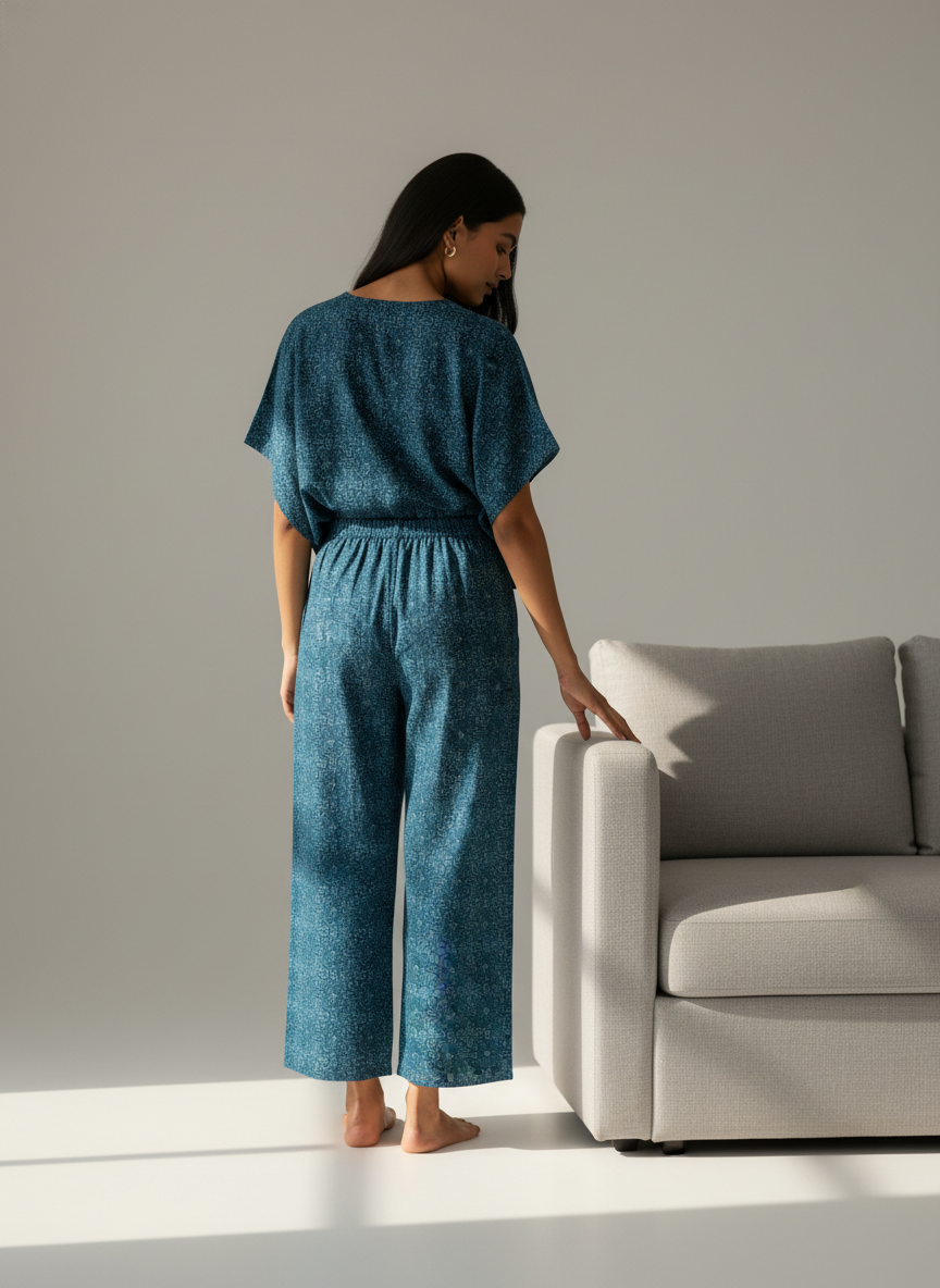 Blue Printed Round Neck Cotton Night Suit Set for Women