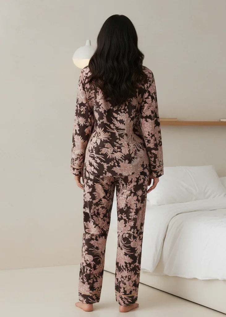 Brown Floral Print Shirt Collar Cotton Night Suit Set for Women - SanskrutiHomes