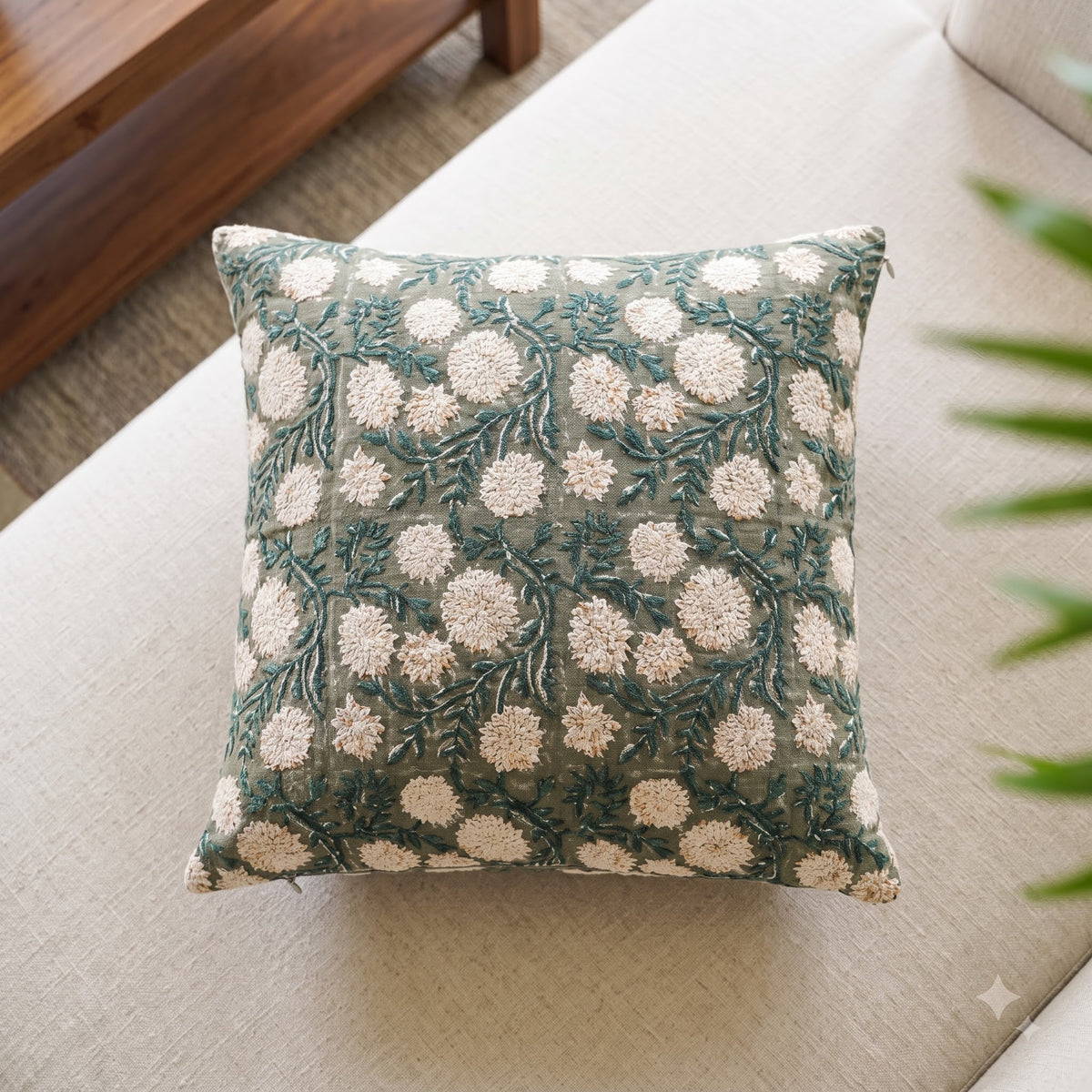 Off White Floral Textured Cotton Square Cushion Cover