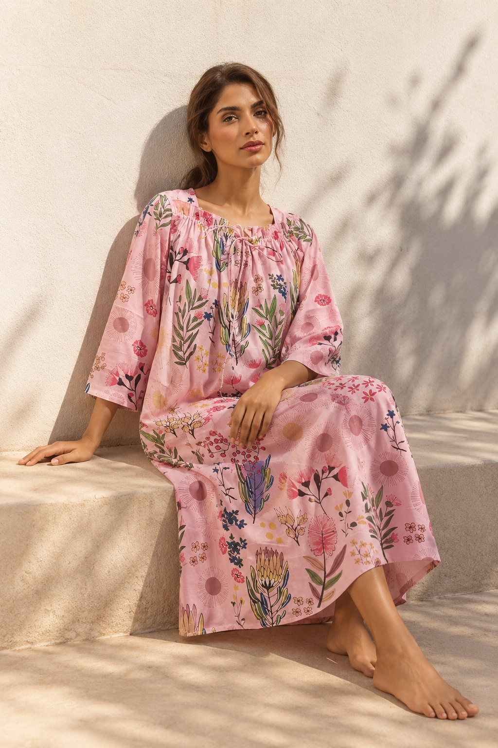Pink Floral Print Square Neck Knee Length Night For Women