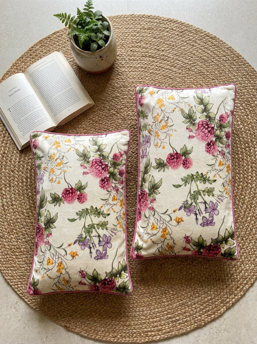 White Velvet Rectangular Floral Printed Cushion Cover