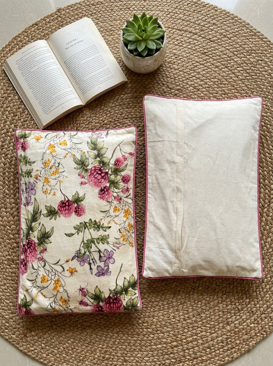 White Velvet Rectangular Floral Printed Cushion Cover