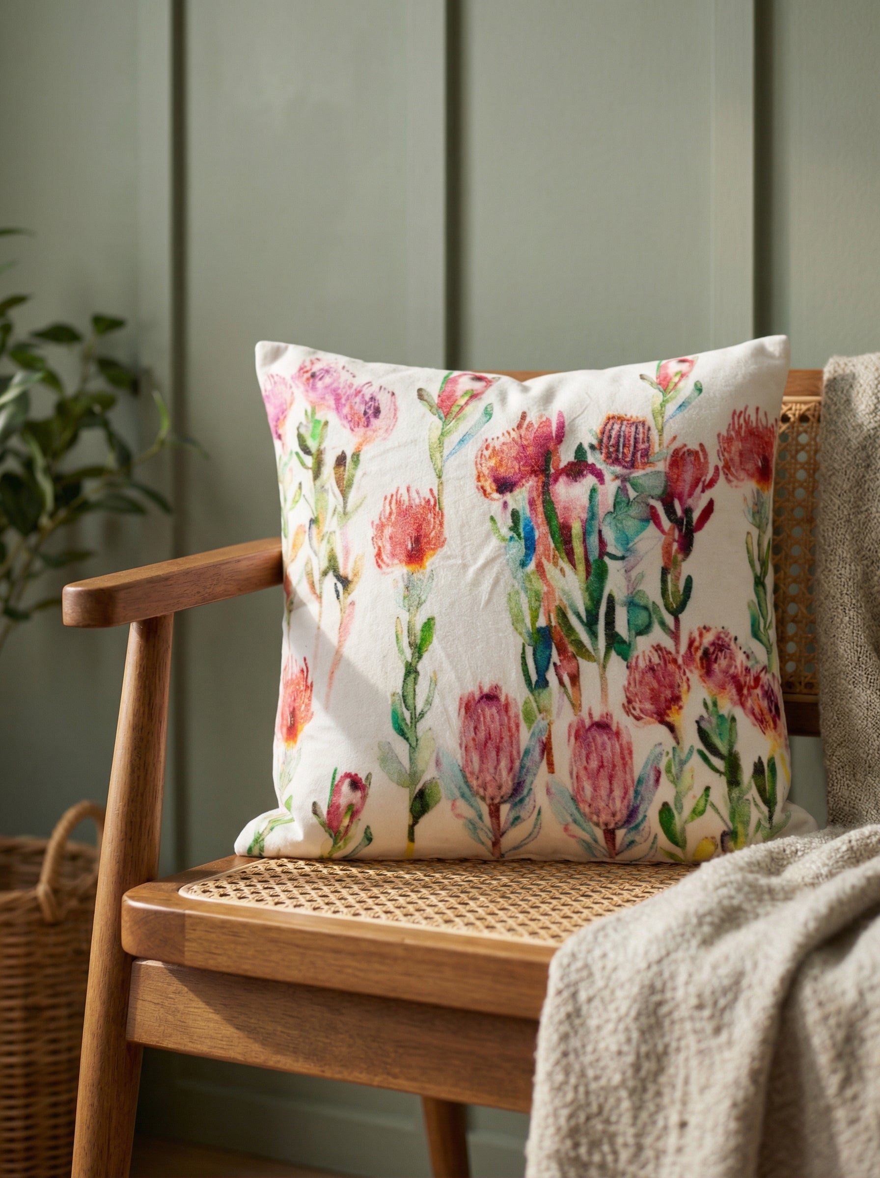 White Floral Print Squared Velvet Durable Cushion Cover