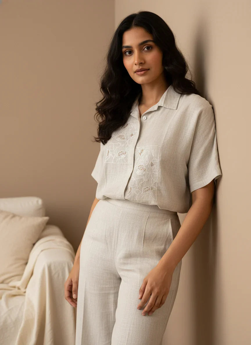 Grey Embroidered Shirt Collar Pure Cotton Night Suit Set for Women - SanskrutiHomes