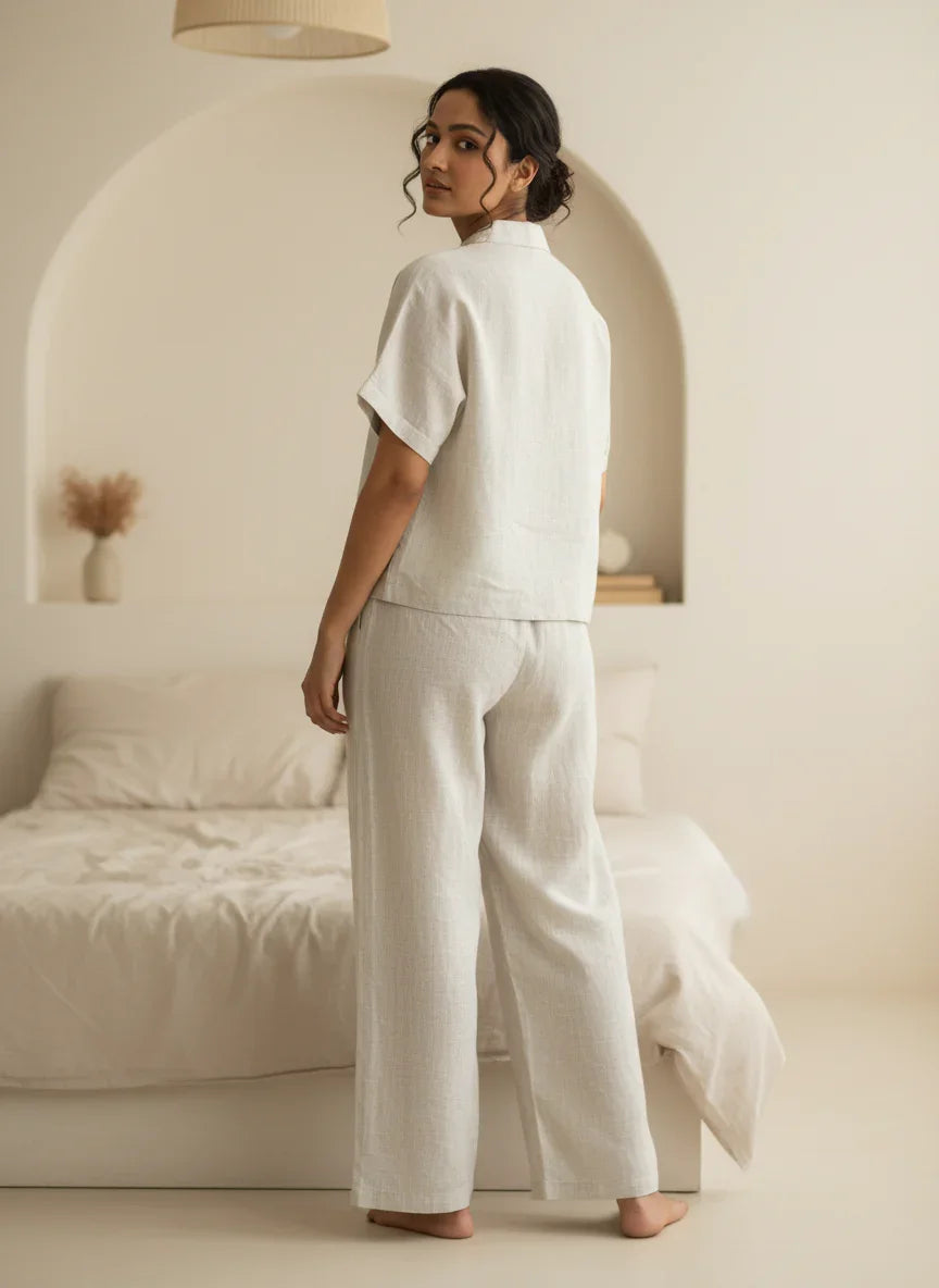 Grey Embroidered Shirt Collar Pure Cotton Night Suit Set for Women - SanskrutiHomes