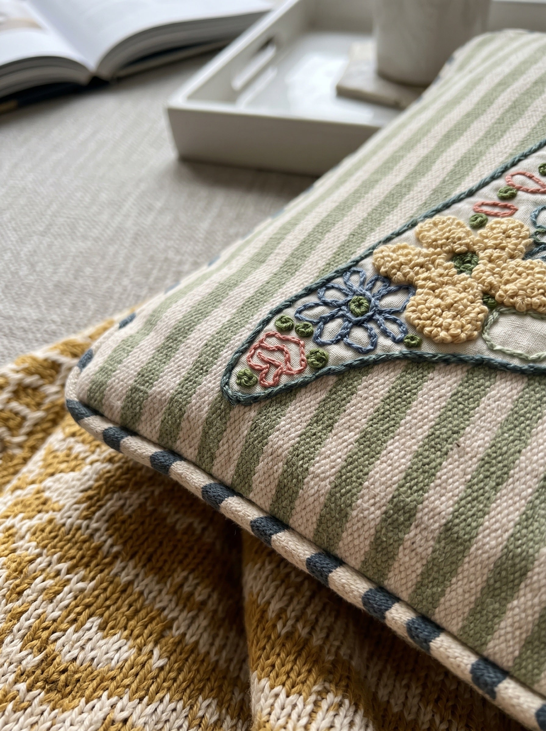 Olive Cotton Nautical Embroidered Rectangular Cushion Cover