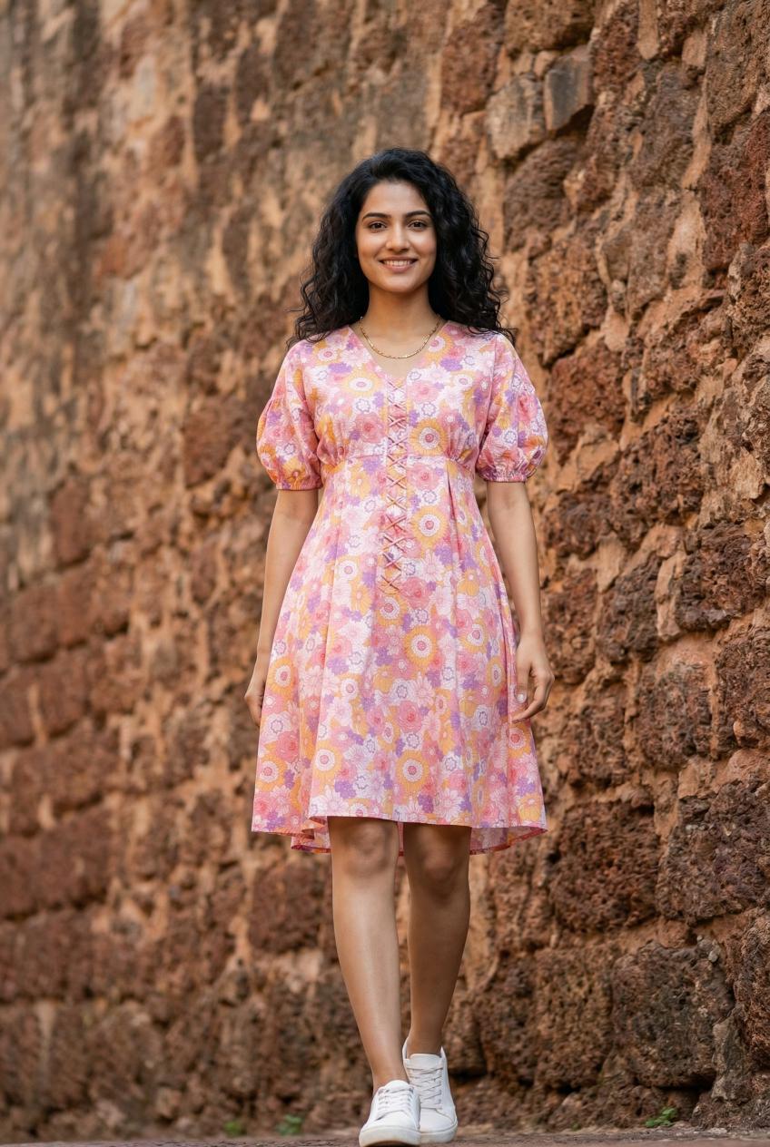 Pink V-Neck Floral Printed Puff Sleeves Cotton A-Line Dress For Women